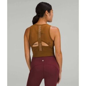Lululemon High Neck Crop Tank Top Copper Brown Mesh Back Logo Strap  6